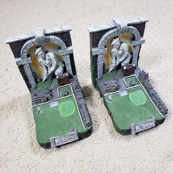 Vintage St. Andrews Golf Large Heavy Resin Bookends Pair Decorative Statue